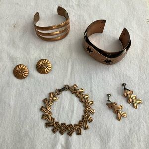 Southwest style Copper bracelets and earrings vintage cuff bracelets, lot of 5